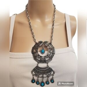 SILVERTONED & FAUX TURQUOISE NATIVE AMERICAN STYLE STATEMENT NECKLACE